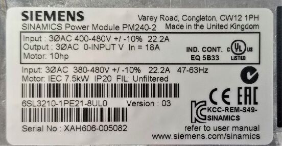 Mô-đun nguồn Siemens 6SL3210-1PE21-8UL0 G120 Ổ đĩa biến tần AC 7,5kW 380-480V